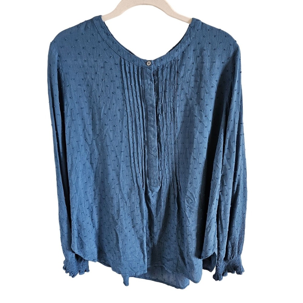 Loft Woman Size XL Textured Button Up Blouse Pin Tuck  Front Long Bishop Sleeves